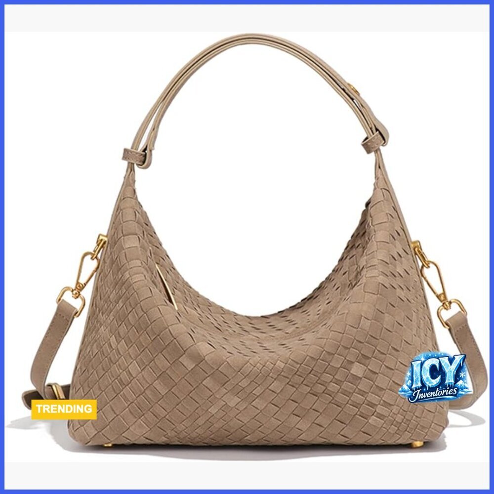 Woven Suede Hobo Bag with Adjustable Strap, Medium Slouchy Shoulder Purse